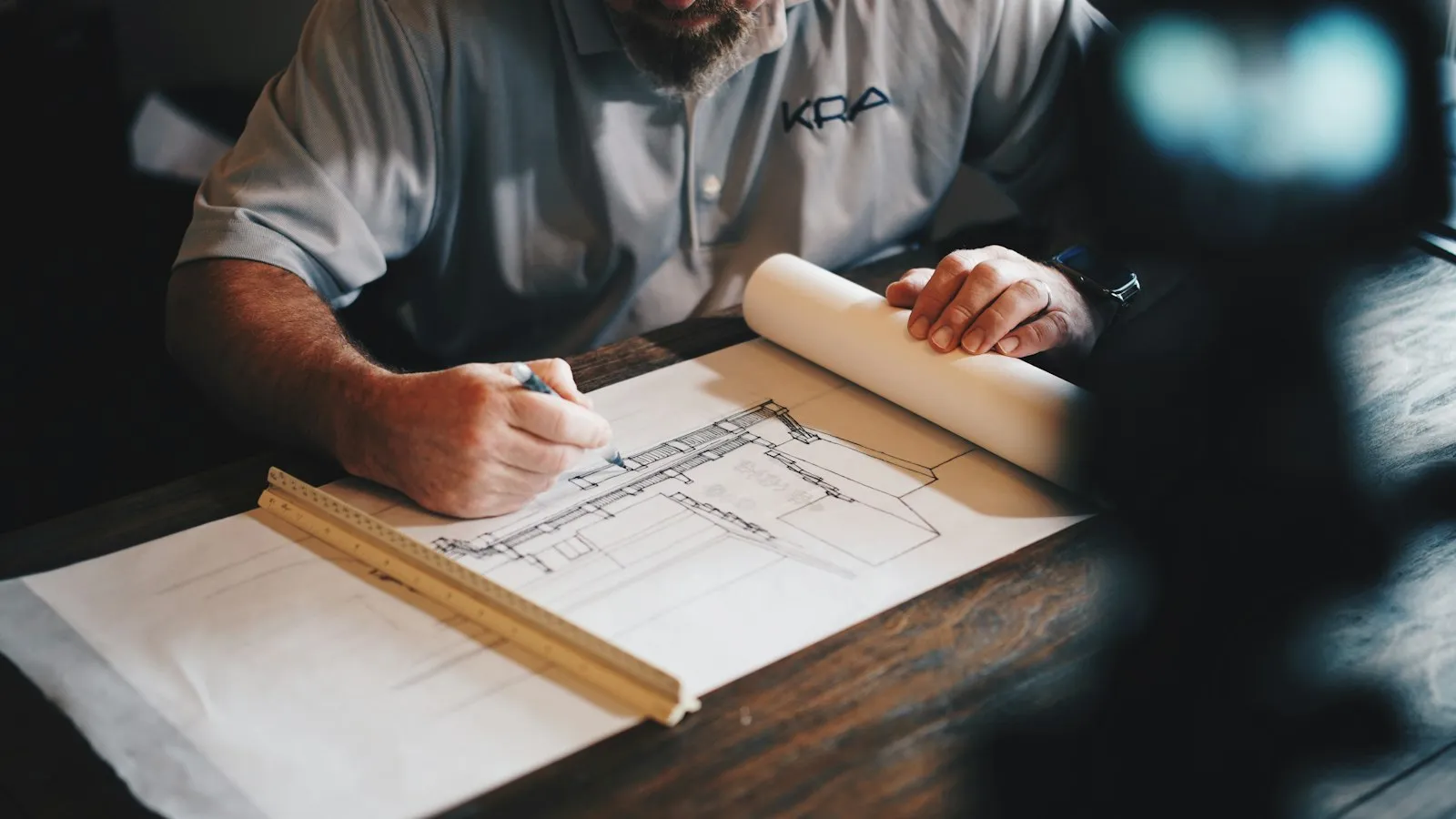 Planos de reforma de una vivienda sobre una mesa de trabajo